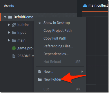 Creating a New Folder in Defold